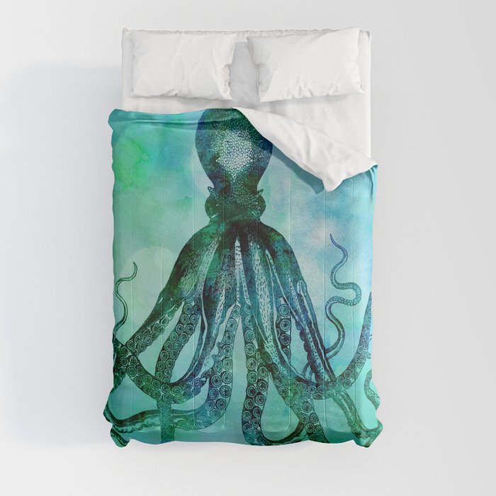 Octopus blue green mixed media underwater artwork Comforter