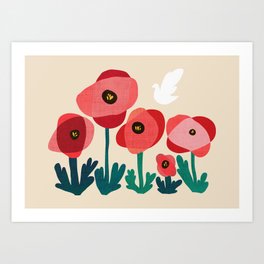 Poppy flowers and bird Art Print