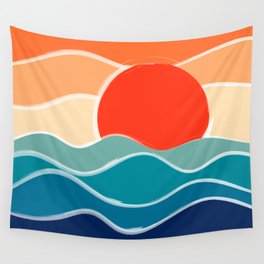 Retro 70s and 80s Color Palette Mid-Century Minimalist Nature Waves and Sun Abstract Art Wall Tapestry