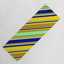 [ Thumbnail: Yellow, Dark Goldenrod, Green & Dark Blue Colored Lined/Striped Pattern Yoga Mat ]