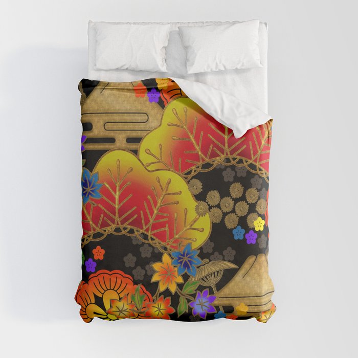 Japanese fall design on black Duvet Cover