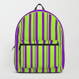 [ Thumbnail: Light Green and Dark Violet Colored Lines/Stripes Pattern Backpack ]