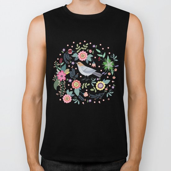 Pattern with beautiful bird in flowers Biker Tank