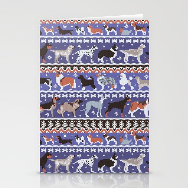 Fluffy and bright fair isle knitting doggie friends // very peri Pantone color of the year 2022 and victoria blue background brown orange white and grey dog breeds  Stationery Cards
