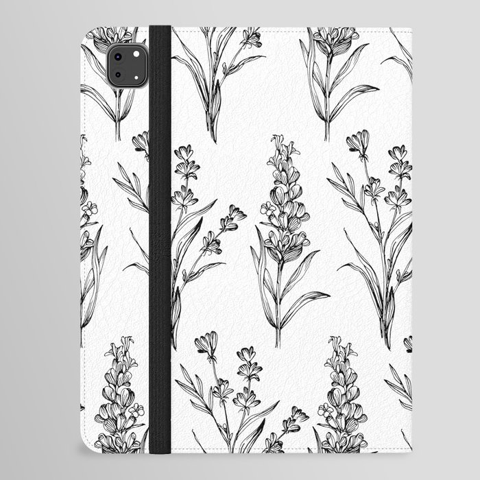 Black And White Cottagecore Wildflowers, Dark Academia Pattern iPad Folio Case