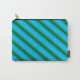 [ Thumbnail: Deep Sky Blue & Dark Green Colored Stripes/Lines Pattern Carry-All Pouch ]