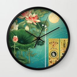 Chinese Lotus Full Moon Garden :: Fine Art Collage Wall Clock