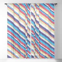[ Thumbnail: Eyecatching Midnight Blue, Deep Sky Blue, Crimson, Tan, and White Colored Lined Pattern Sheer Curtain ]