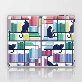 Rainbow bookshelf // white background navy blue shelf and library cats Laptop Skin