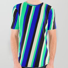 [ Thumbnail: Beige, Green, Blue, and Black Colored Striped/Lined Pattern All Over Graphic Tee ]