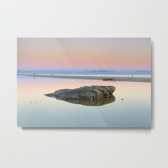 "Walking...." Pink sunset at the beach. Metal Print