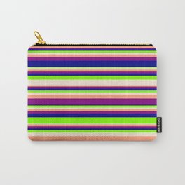 [ Thumbnail: Vibrant Chartreuse, Beige, Light Salmon, Purple & Dark Blue Colored Lines/Stripes Pattern Carry-All Pouch ]