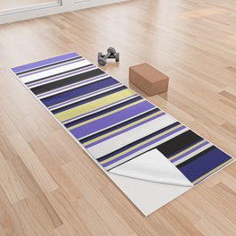 [ Thumbnail: Colorful Midnight Blue, Tan, Slate Blue, White, and Black Colored Lined/Striped Pattern Yoga Towel ]