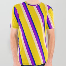 [ Thumbnail: Vibrant Green, Blue, Dark Violet, Bisque & Yellow Colored Striped Pattern All Over Graphic Tee ]