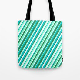 [ Thumbnail: Dark Turquoise, Sea Green, Aquamarine, and Mint Cream Colored Striped/Lined Pattern Tote Bag ]