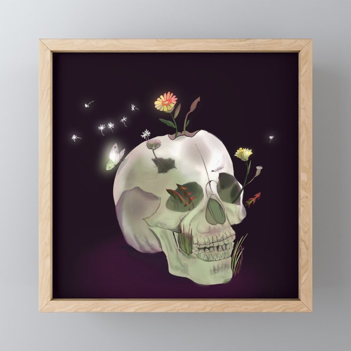 A Smile, Skull with Flowers Framed Mini Art Print