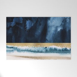 Navy Blue, Gold And White Abstract Watercolor Art Welcome Mat