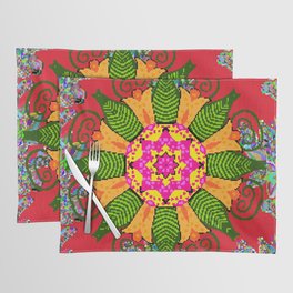 Colored round floral mandala on a red, green and yellow colors. Vintage illustration.  Placemat