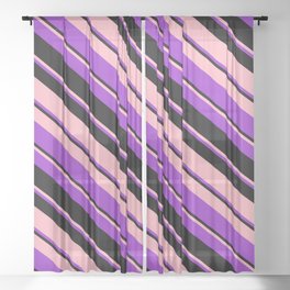 [ Thumbnail: Light Pink, Dark Orchid, and Black Colored Lines/Stripes Pattern Sheer Curtain ]