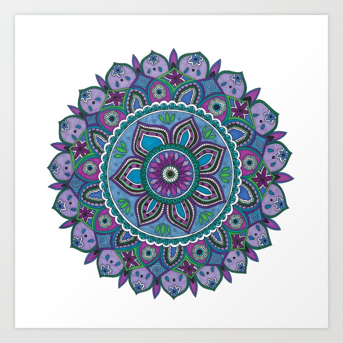 Blue, Purple and Green Mandala Art Art Print