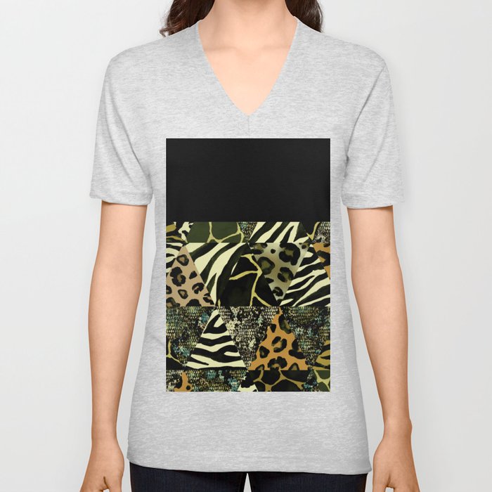 Black & White W/ Green Jungle Prints V Neck T Shirt
