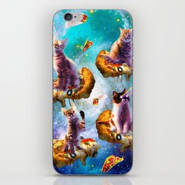 Outer Space Cats With Rainbow Laser Eyes Riding On Pizza iPhone Skin