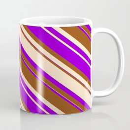[ Thumbnail: Dark Violet, Brown & Bisque Colored Striped Pattern Coffee Mug ]