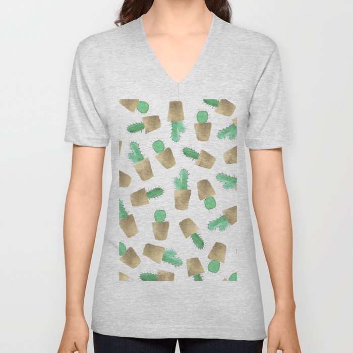 Hand painted watercolor green gold foil modern cactus  V Neck T Shirt
