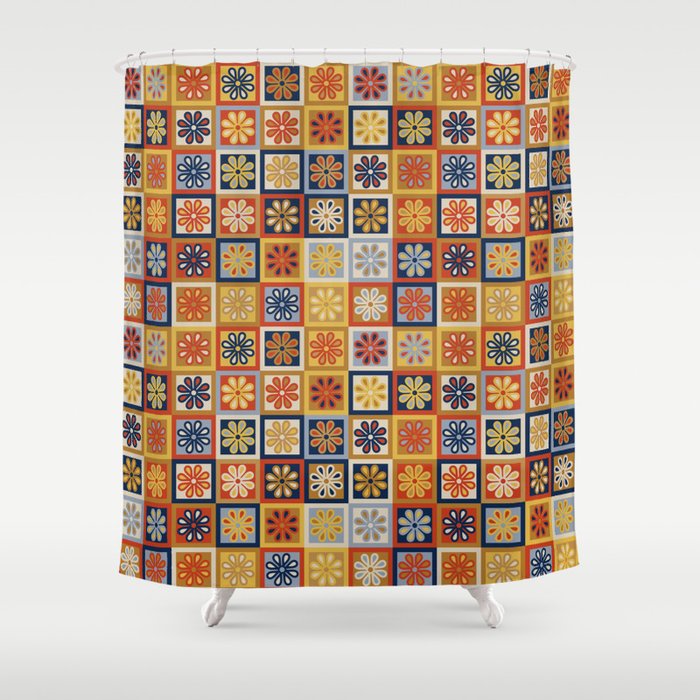 Retro Colorful Flower Checkerboard Shower Curtain