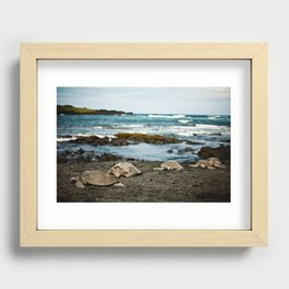 Hawaii Black Sand Beach with Sea Turtles Recessed Framed Print