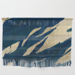 Abstract navy blue gold watercolor brush strokes Wall Hanging