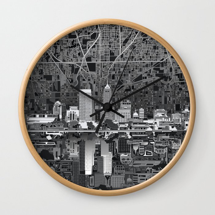 indianapolis city skyline black and white Wall Clock