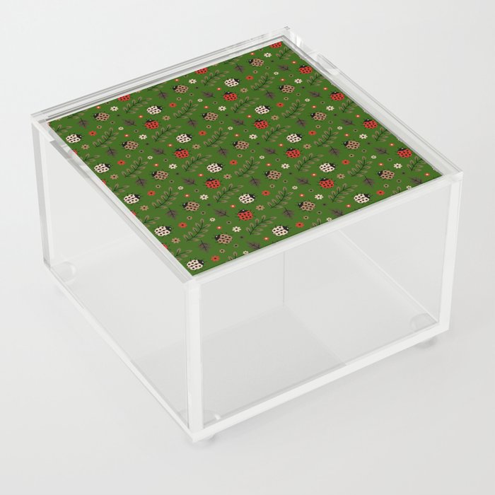 Ladybug and Floral Seamless Pattern on Green Background Acrylic Box