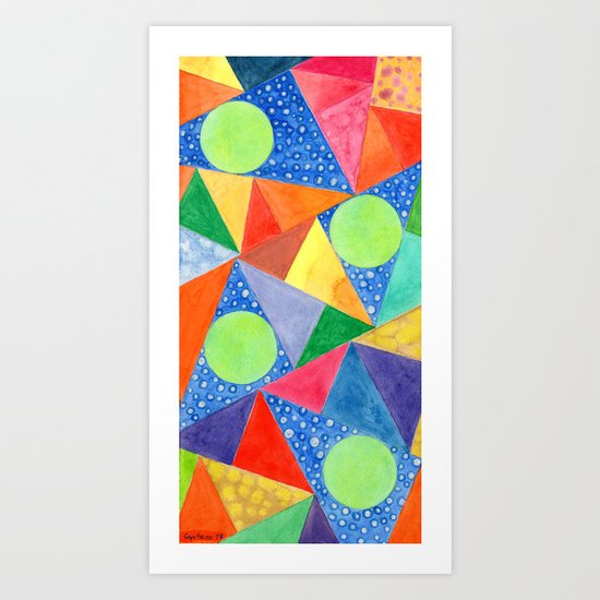 Lime Green Circles within a Cool Triangles Pattern Art Print