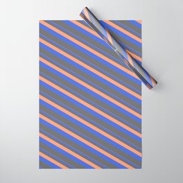 [ Thumbnail: Light Salmon, Royal Blue & Dim Gray Colored Pattern of Stripes Wrapping Paper ]