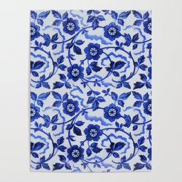 Azulejos blue floral pattern Poster