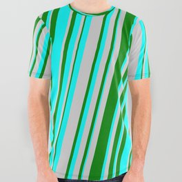 [ Thumbnail: Green, Cyan, and Light Gray Colored Lines Pattern All Over Graphic Tee ]