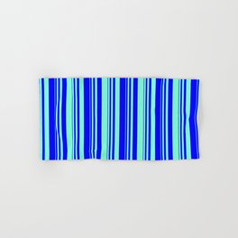 [ Thumbnail: Blue & Aquamarine Colored Striped Pattern Hand & Bath Towel ]