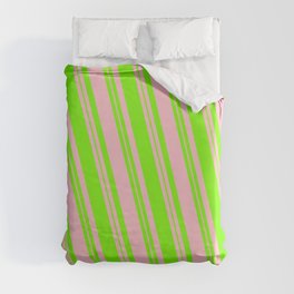 [ Thumbnail: Pink & Green Colored Lined/Striped Pattern Duvet Cover ]