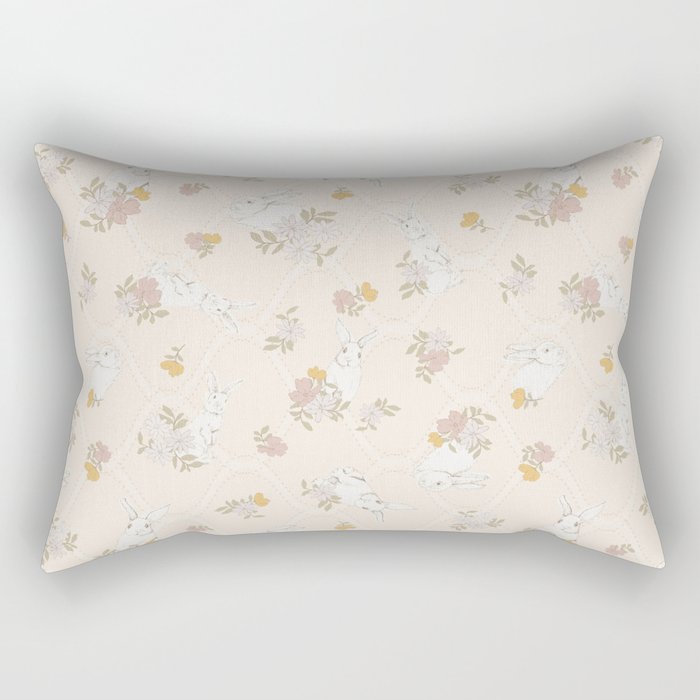 Easter Bunnies with spring flowers peach background Rectangular Pillow