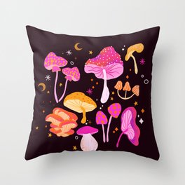 Retro modern pink magical mushrooms  Throw Pillow