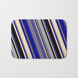 [ Thumbnail: Dark Gray, Dark Slate Blue, Dark Blue, Tan, and Black Colored Striped Pattern Bath Mat ]