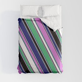 [ Thumbnail: Vibrant Orchid, Sea Green, Midnight Blue, White & Black Colored Lines Pattern Duvet Cover ]