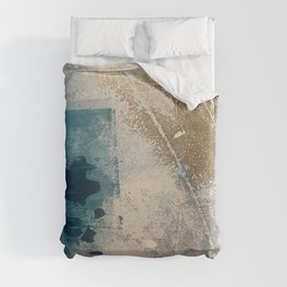 Embrace: a minimal, abstract mixed-media piece in blues and gold with a hint of pink Duvet Cover