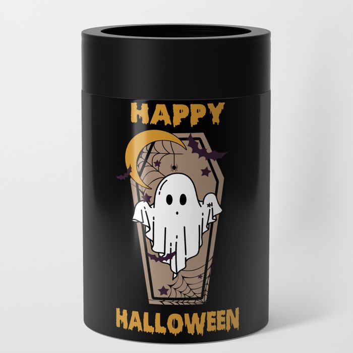 Happy Halloween quote ghost with coffin Can Cooler