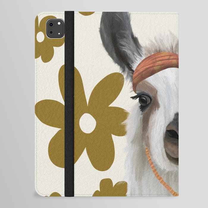 Boho Llama on Retro Flower Pattern iPad Folio Case