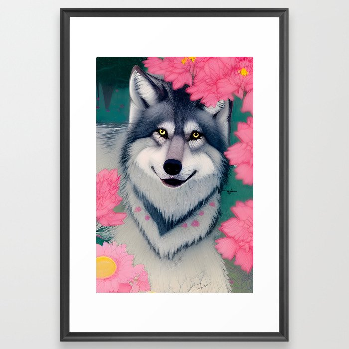 Wolf with Spring Flowers Framed Art Print
