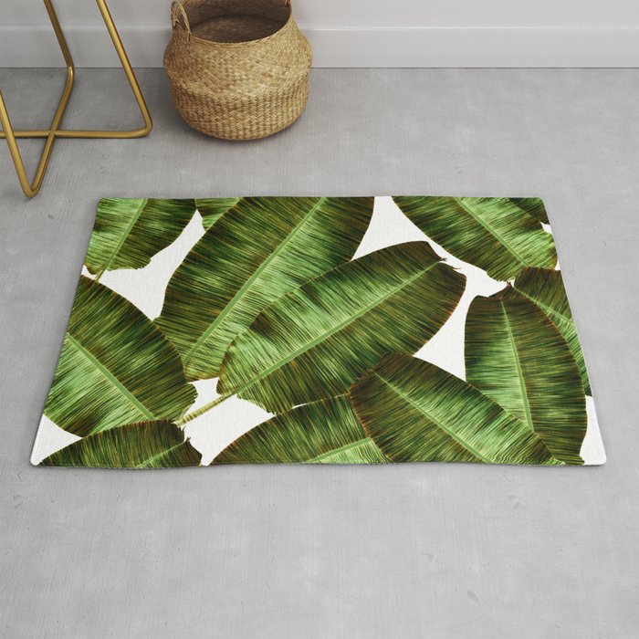 Tropical banana leaves, jungle leaf seamless floral pattern white background. Artistic palms pattern with seamless repeating design. Pattern summer Rug