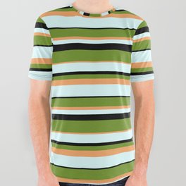 [ Thumbnail: Green, Brown, Light Cyan, and Black Colored Stripes/Lines Pattern All Over Graphic Tee ]