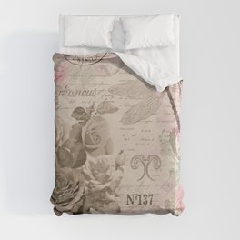 Vintage Flowers with roses and dragonfly.  Duvet Cover